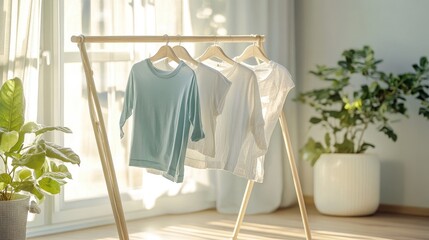 Stylish and Comfortable Casual Shirts Hanging on a Wooden Rack in a Bright and Airy Room Surrounded by Houseplants and Natural Light