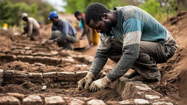 African worker kneeling on the ground and working on a brick wall There's someone else behind it.