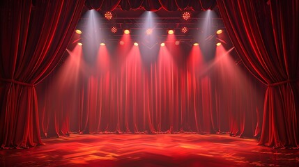 A theater stage with red curtains and spotlight lighting, ready for a performance.
