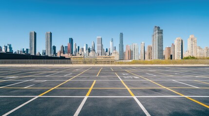 Fototapeta premium Empty, well-marked parking lot with a city skyline in the background, a blend of old and new architecture.
