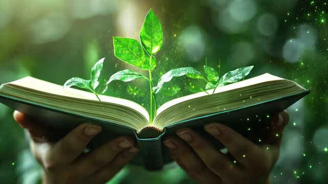 A person is holding an open book with a green leaf on the pages