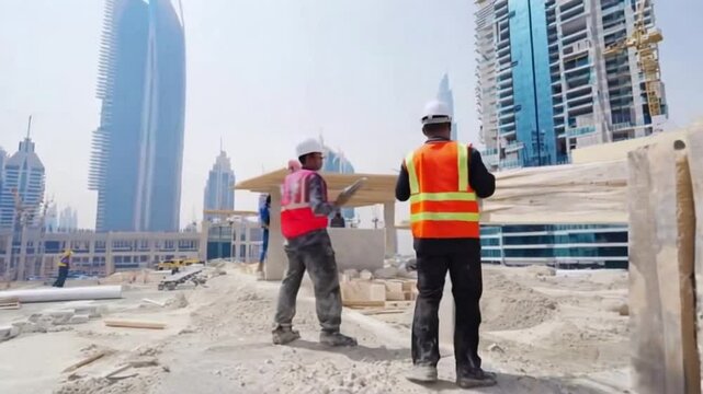 Laborers working on modern constraction site works in Dubai. Fast urban development consept.