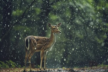 Deer in Rainy Forest Clearing for Nature-Themed Decor or Wildlife Posters