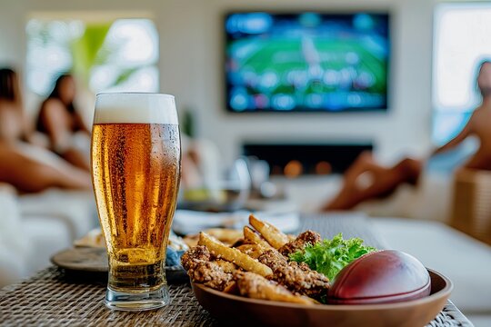 Cold beer and snack plate with background tv display showing football game