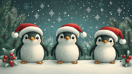 Fototapeta premium Three cute penguins wearing Christmas hats, Christmas background