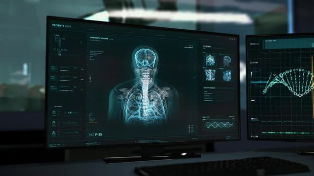 Interface of the body scanning system is shown on the screens. Interface of the body scan is investigating the patient's data. Interface of the body scan has found the brain tumor. Medical Report. UI.