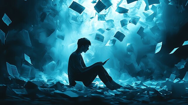 A lone figure sitting in darkness, surrounded by floating cyberbullying texts