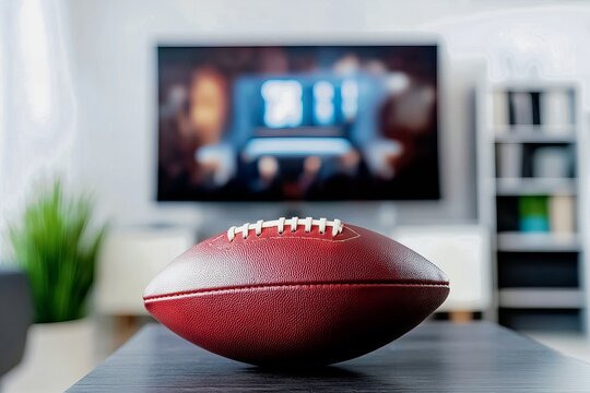 American football on table in front of blurred tv for sporty home entertainment vibe