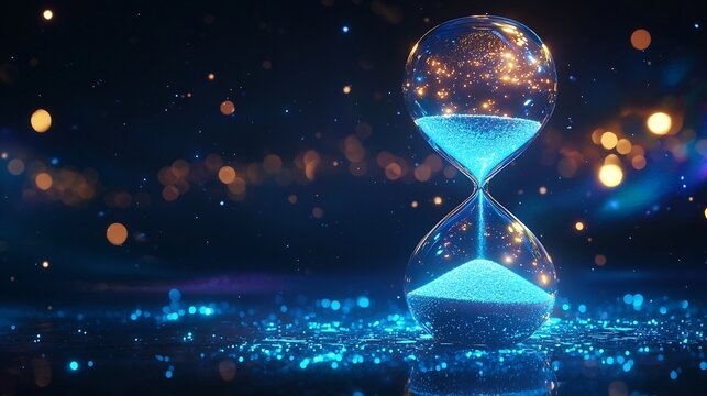 Futuristic Hourglass in Zero Gravity Chamber   Neon Particles Suspending Time