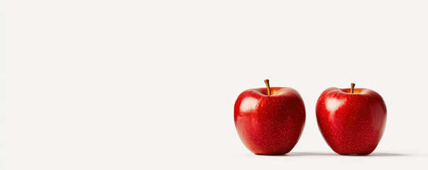 Obraz premium Two shiny red apples on a clean, white background, symbolizing freshness and health.