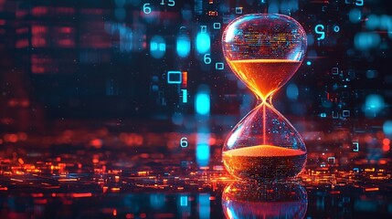 Futuristic Holographic Hourglass Countdown with Floating Pixels and Numeric Matrix