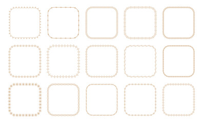A collection of 15 intricate gold square frames with rounded edges, featuring ornate patterns, ideal for invitations, certificates, and elegant decorative designs.