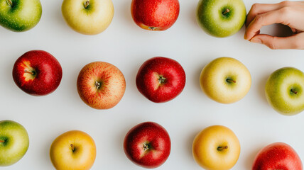 A vibrant arrangement of various apples in red, yellow, and green hues, showcasing their fresh appearance and healthy appeal.