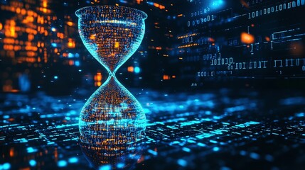 Pixelated Hourglass Icon Floating in Cyberspace with Binary Sand Falling Through
