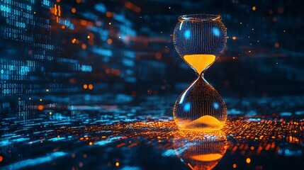 Pixelated Hourglass Icon Floating in Futuristic Cyberspace with Binary Sand