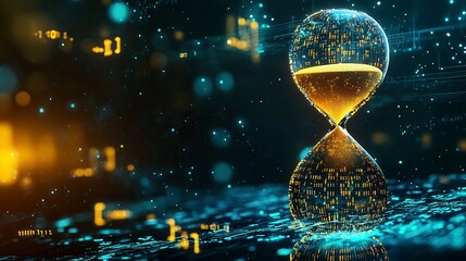 Pixelated Hourglass Icon Floating in Futuristic Cyberspace with Digital Sand of Binary Code