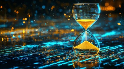 Futuristic Digital Hourglass Hologram with Glowing Sand and Countdown Display