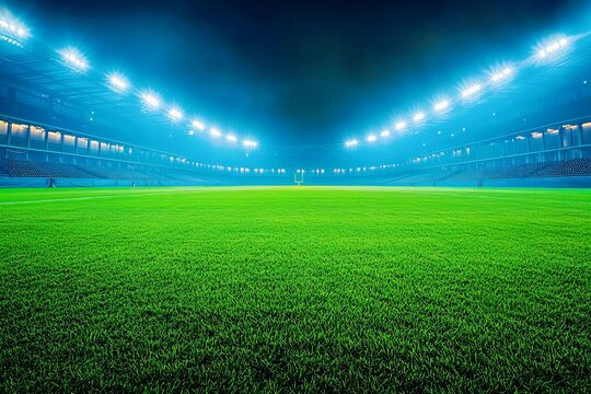 Illuminated football stadium at night with vibrant green turf and dazzling lights