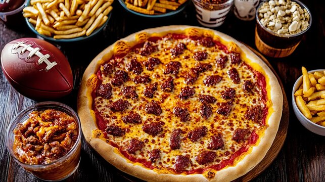 Football party feast: pepperoni pizza with fries, chips, and game snacks