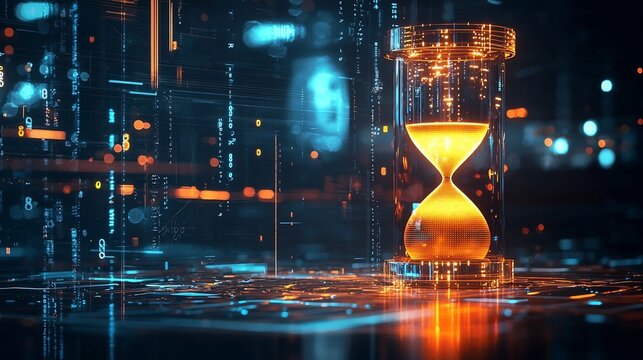 Futuristic Digital Hourglass Hologram with Glowing Sand and Countdown Display Concept