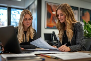 Two Businesswomen Working Together at a Desk in an Office