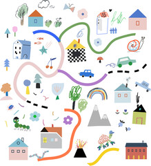 Cartoon kids mat. Cute town map. Hand drawn vector illustration for nursery