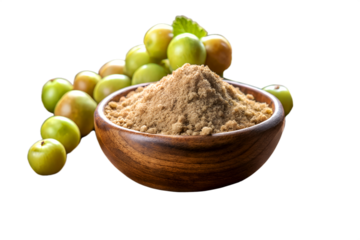 Fresh Amla Powder and Raw Avla on Rustic Wooden Table isolated on transparent background, png file.