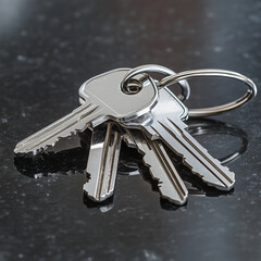 A set of silver keys on a keyring placed on a glass surface.