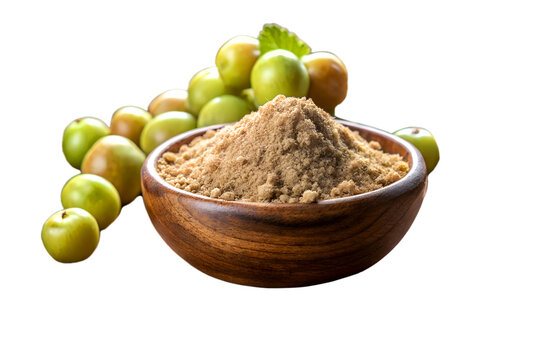 Fresh Amla Powder and Raw Avla on Rustic Wooden Table isolated on transparent background, png file.