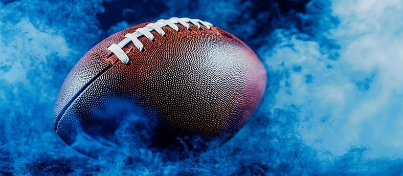 American football ball in blue smoke cloud for dynamic sports background