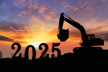 Concept happy new year 2025,crawler excavator silhouette with lift up bucket .On sunrise backgrounds