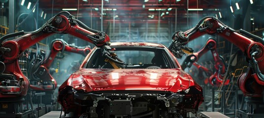 Robotic Arms Applying Corrosion Resistant Coatings to Car Bodies on Assembly Line