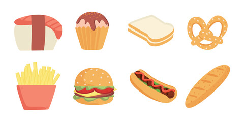 A colorful set of illustrated fast food and snacks, including pizza, tacos, hot dog, ice cream, soda, donut, and croissant. Ideal for food-related designs and menus.