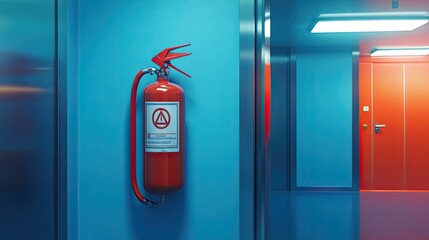 Fire extinguisher with emergency signage, mounted on a blue wall in a public building for clear visibility.