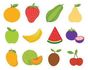 A vibrant collection of fruit illustrations, including orange, strawberry, banana, apple, watermelon, and more. Perfect for food, health, and nature-themed designs.