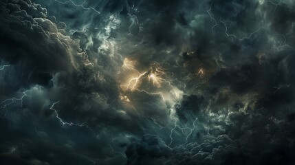 A dramatic sky filled with dark clouds and flashes of lightning.