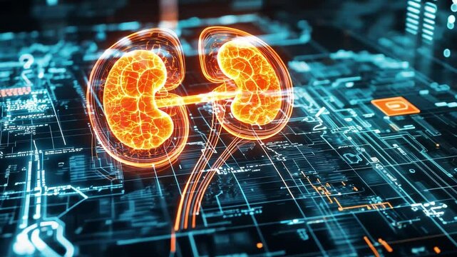 A computer generated image of a human kidney with red glowing veins