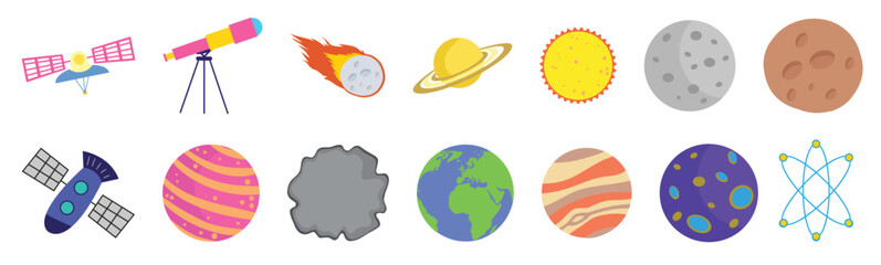 A vibrant set of space-themed illustrations featuring planets, satellites, telescopes, meteors, and more. Perfect for educational and science-themed projects. © Pix
