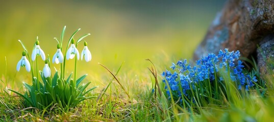 Watercolor Floral Arts, famous arts inspired. A serene display of delicate snowdrops and vibrant blue forget-me-nots nestled in lush green grass, capturing the essence of spring's beauty.