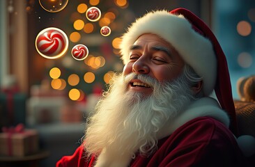 Authentic Santa Claus. Santa with closed eyes thinking about Christmas presents, candies, mail