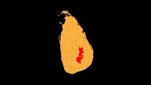 Badulla map animated video. The location is highlighted on the Srilanka map. Colour map with transparent background in video format.