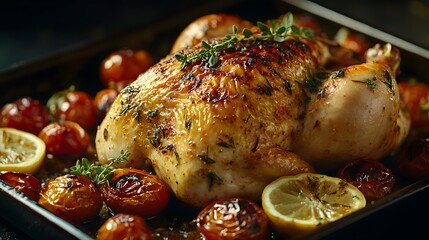 Golden-brown roasted chicken with crispy skin, garnished with caramelized lemon, cherry tomatoes and herbs on rustic baking tray, dramatic lighting against dark background.
