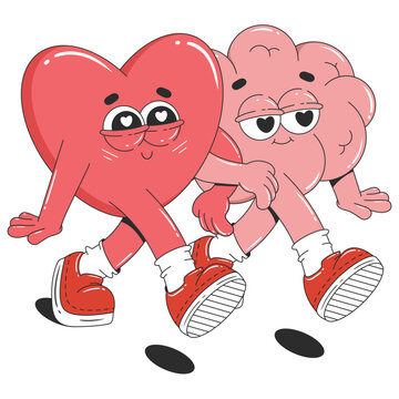 Cute cartoon heart and brain characters in trendy groovy style. Concept of Happy Valentine&rsquo;s Day. Isolated vector illustration.