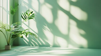 Serene Indoor Space with Lush Green Plant Against Soft Mint Wall, Highlighting Textures and Patterns Created by Natural Light and Shadow Play