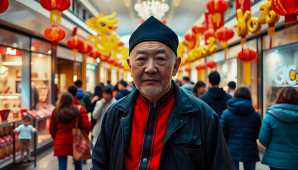 Obraz premium Elderly mature man in stylish clothes with festive mood among decorated modern shopping mall in honor of Chinese New Year. Preparing and buying gifts for the holiday.