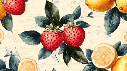 Whimsical Seamless Pattern of Hand-Drawn Baby Blue Strawberries and Lemons on Soft Cream Background