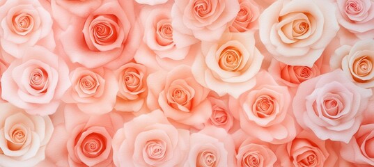 Fototapeta premium Watercolor Floral Arts, famous arts inspired. A vibrant arrangement of pink and peach roses in full bloom, showcasing their soft petals and delicate beauty against a blurred background.