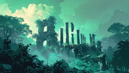 Overgrown Ruins in a Foggy Forest