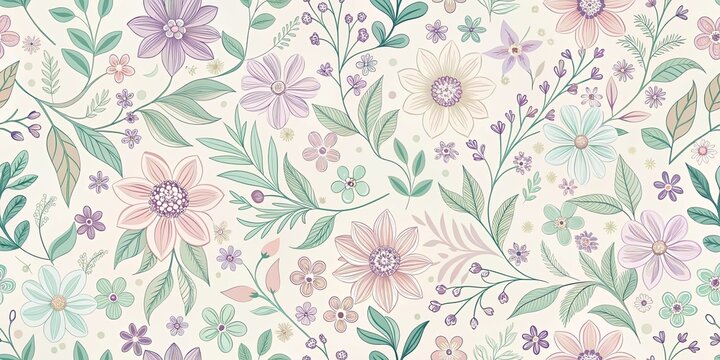 Delicate Floral Pattern with Pastel Hues and Delicate Line Work