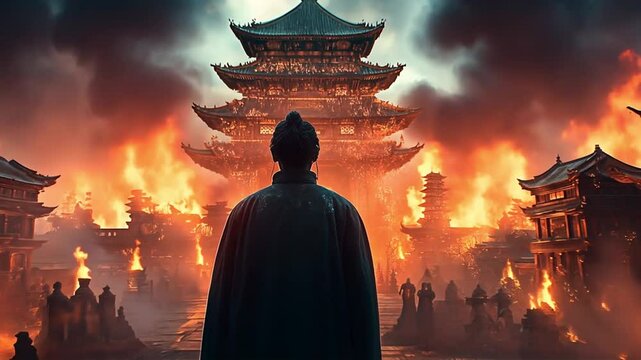 Japanese samurai in traditional attire facing a burning temple at dusk, evoking ancient battles. Concept of Asian honor, tradition, and struggle.